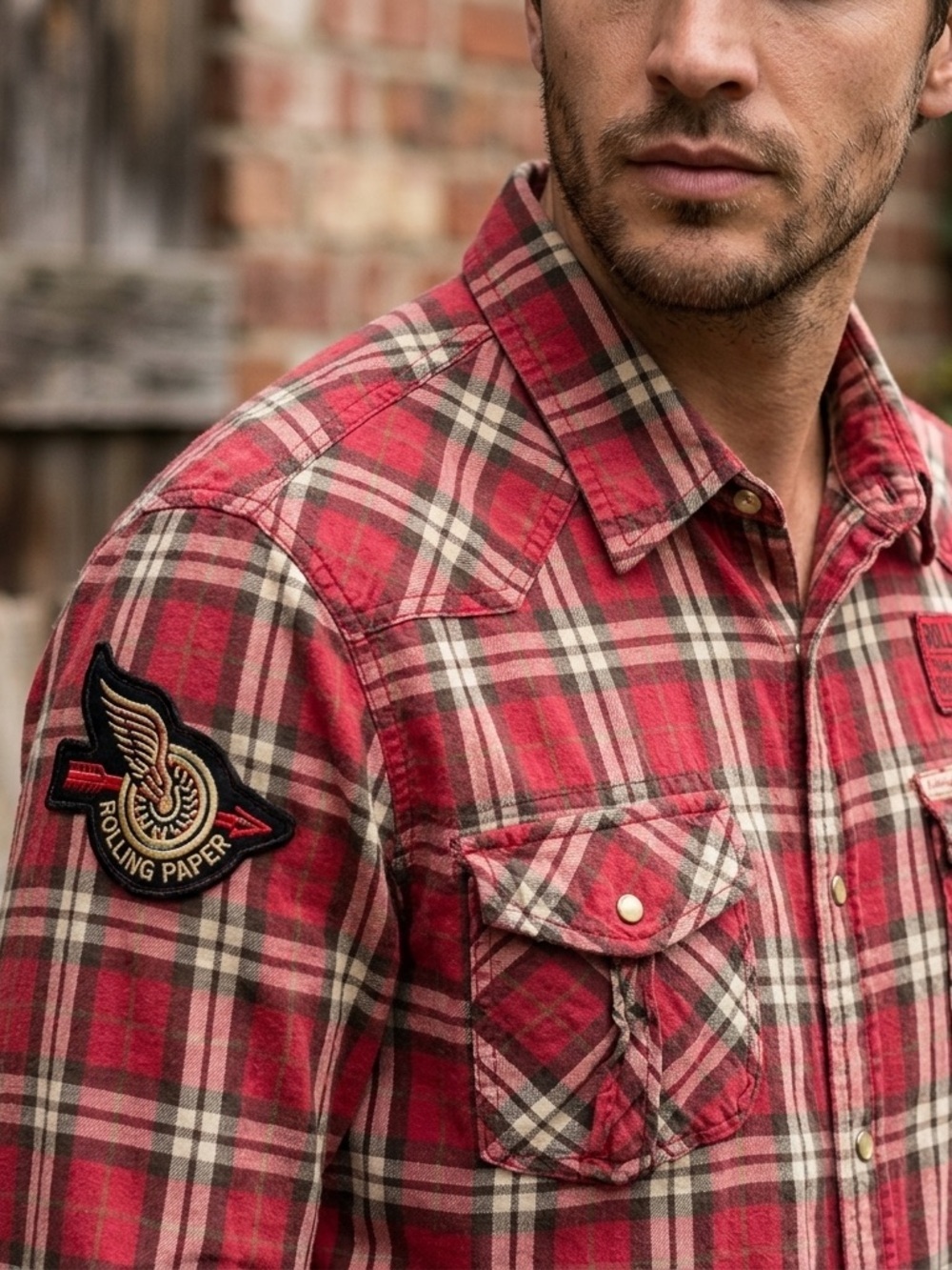 Rolling Paper Shirt Sz L Red Plaid Logo Patches Flannel Pearl Snap Shirt